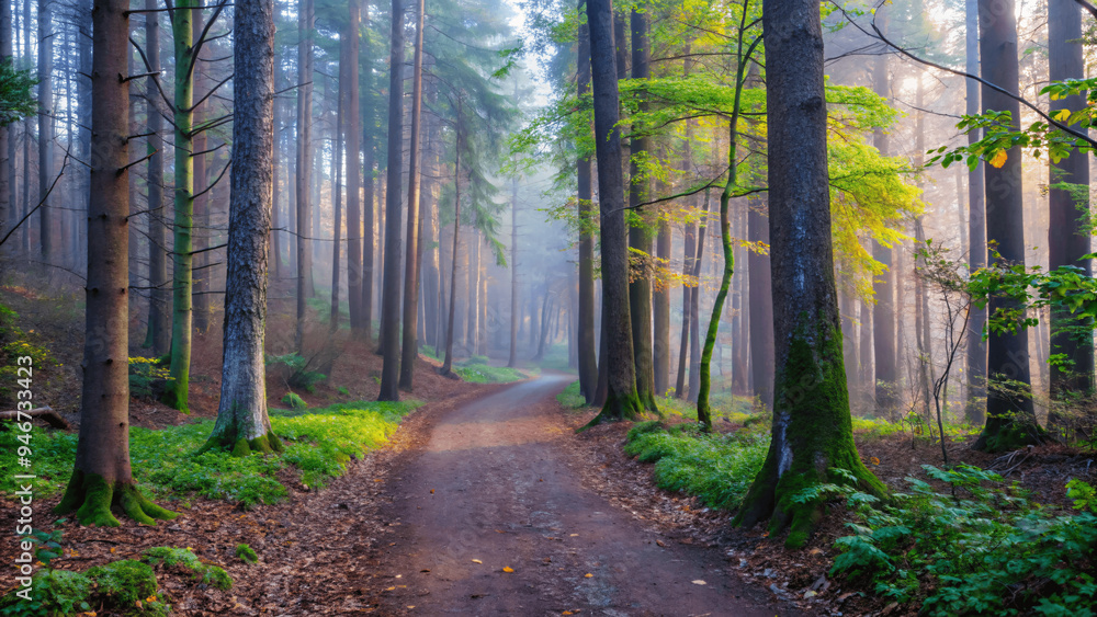 Fototapeta premium A serene forest scene with a path leading through sun light