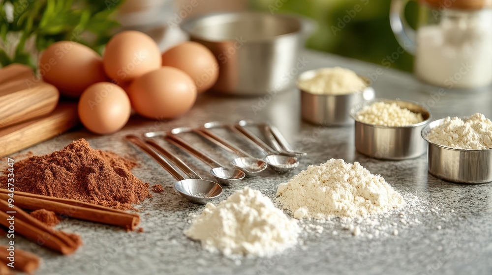 Measuring spoons on a countertop, with ingredients ready for baking Measuring spoons on a countertop, with ingredients ready for baking