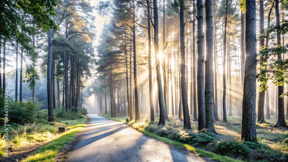 A serene forest scene with a path leading through sun light A serene forest scene with a path leading through sun light