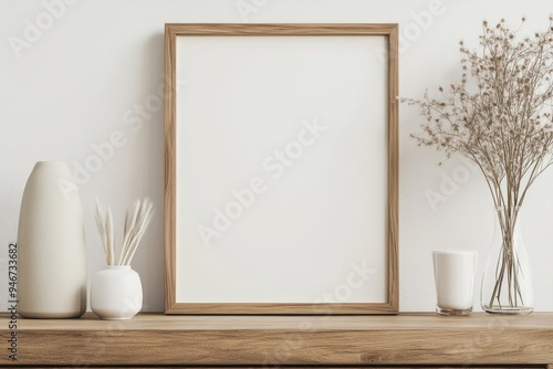 Stock minimalist photography of an empty frame on a wooden dresser with minimalist decorations