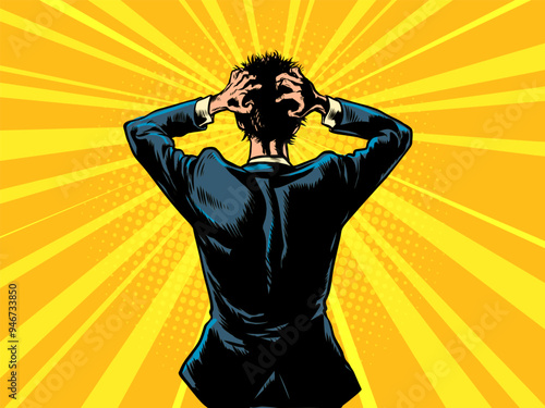 The boss of the company is trying to come up with something. Brainstorm an employee on how to solve a problem. A man in a business suit holds his hands next to his head. Pop Art Retro