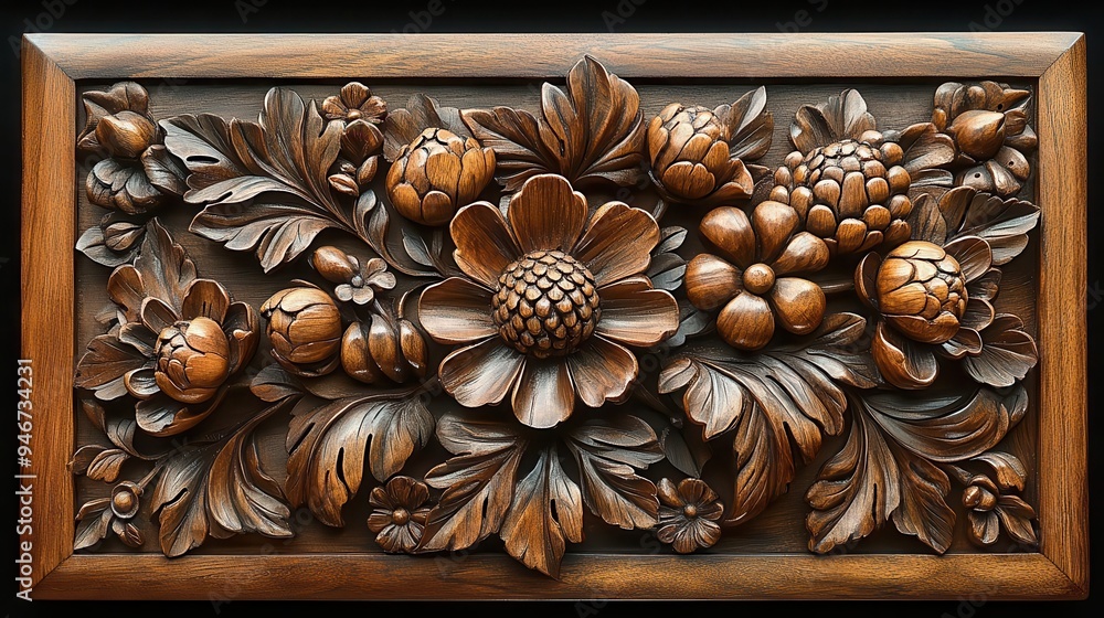 richly carved teak wood panel intricate floral and geometric patterns deep shadows accentuating ornate texture richly carved teak wood panel intricate floral and geometric patterns deep shadows accentuating ornate texture