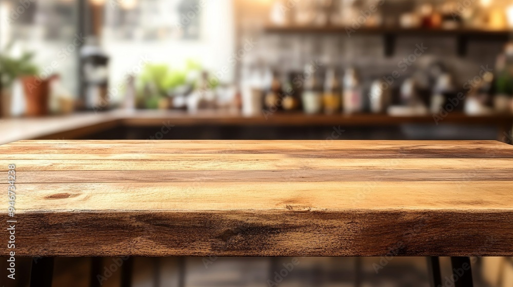 An empty beautiful wood counter in front of a blurry bokeh and a bright white background of a modern kitchen interior. Stock illustration. An empty beautiful wood counter in front of a blurry bokeh and a bright white background of a modern kitchen interior. Stock illustration.