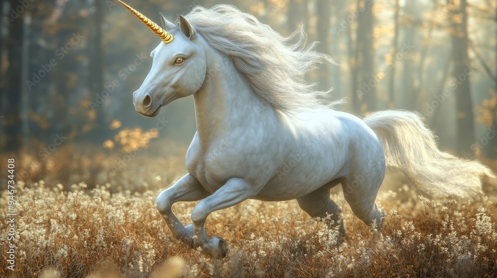 Majestic unicorn with a shimmering mane and golden horn Majestic unicorn with a shimmering mane and golden horn