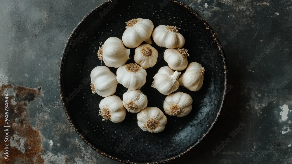 brown and white garlic on black ceramic plate brown and white garlic on black ceramic plate