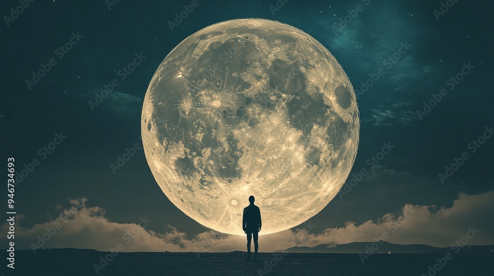 a person standing in front of a large moon a person standing in front of a large moon