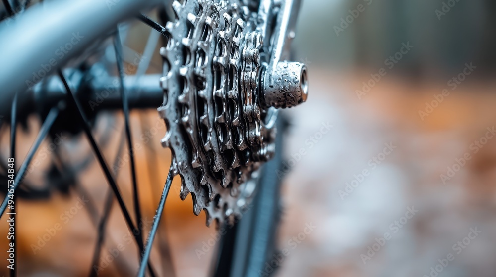 A close-up shot capturing the intricate details of a bicycle gear mechanism, showcasing the metallic textures, gears, and chains, with a blurred autumn background for contrast. A close-up shot capturing the intricate details of a bicycle gear mechanism, showcasing the metallic textures, gears, and chains, with a blurred autumn background for contrast.