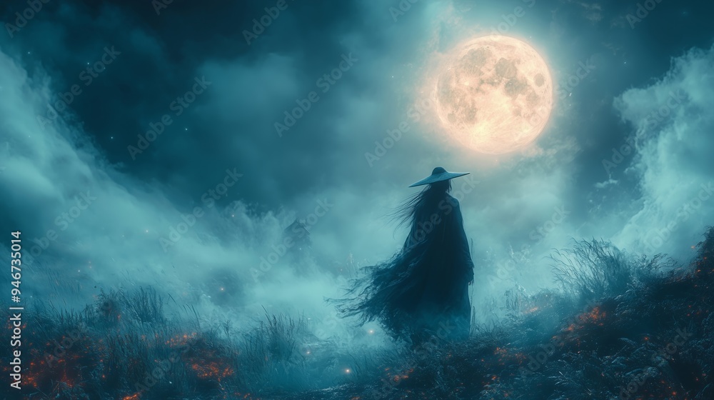 A Mysterious Figure Beneath a Full Moon in a Dreamlike Landscape A Mysterious Figure Beneath a Full Moon in a Dreamlike Landscape