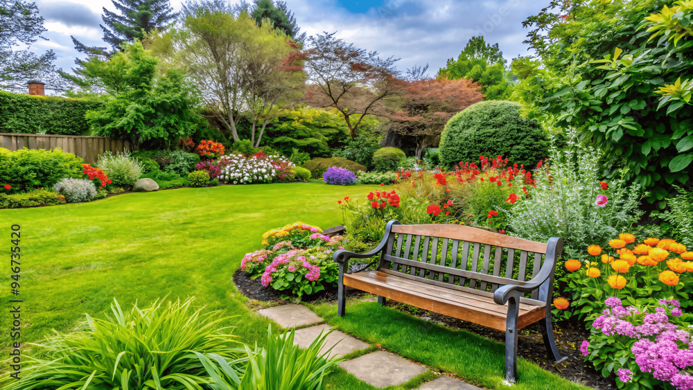 A tranquil garden scene with blooming flowers A tranquil garden scene with blooming flowers