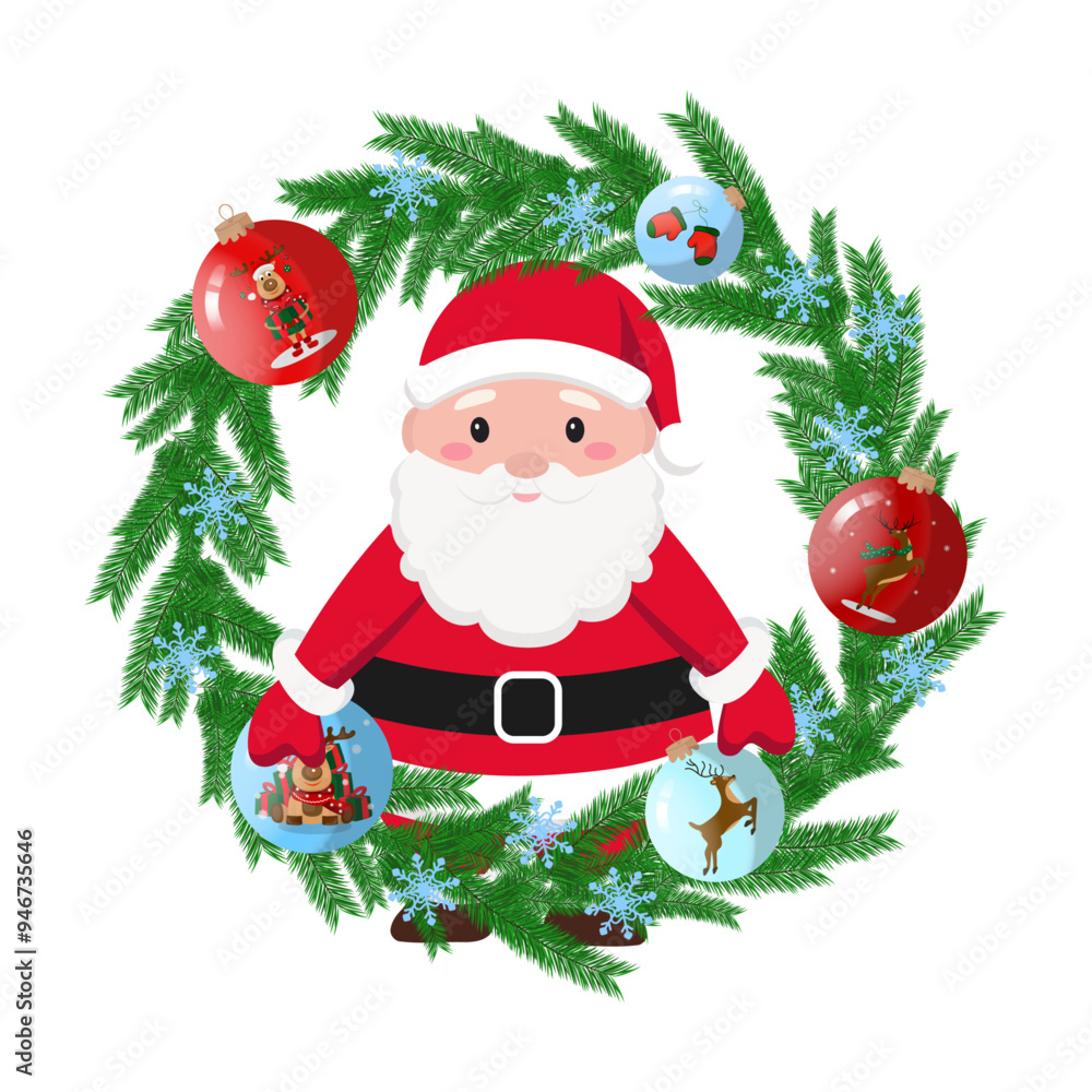 Hand drawn Cute Santa Claus Christmas wreath with gifts and Christmas reindeer balls around Hand drawn Cute Santa Claus Christmas wreath with gifts and Christmas reindeer balls around