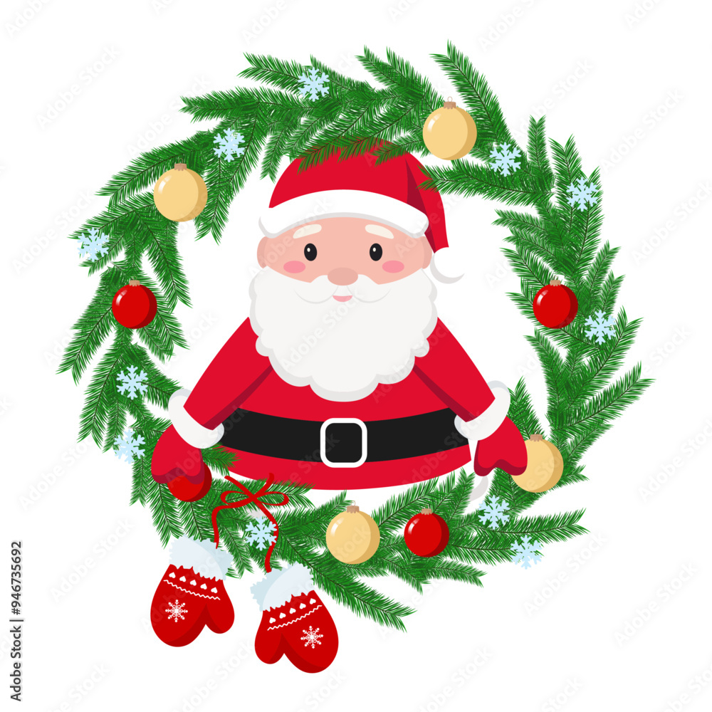 Hand drawn Cute Santa Claus Christmas wreath and gloves with Christmas balls around Hand drawn Cute Santa Claus Christmas wreath and gloves with Christmas balls around