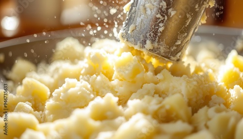 Potato masher mashing boiled potatoes into a creamy texture