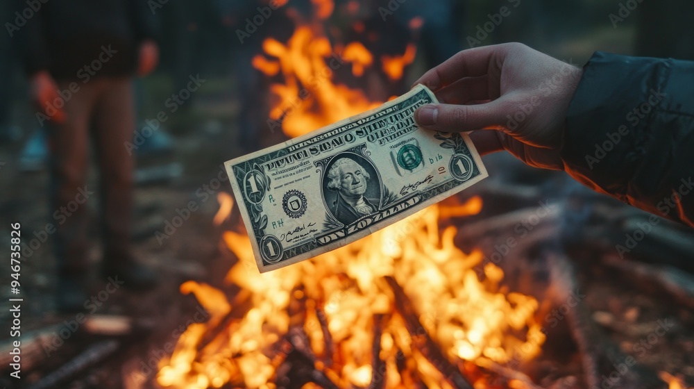 A hand holding a dollar bill above a bright campfire. The flames dance