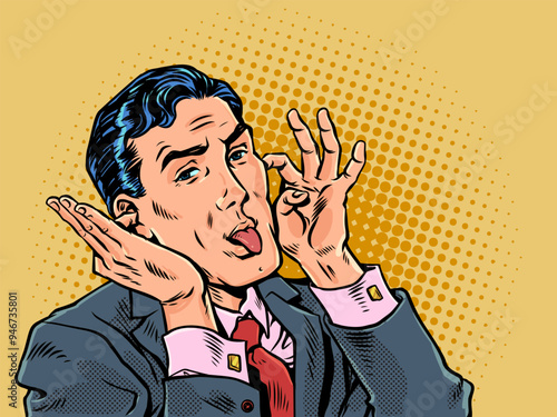 Pop Art Retro A man in a suit grimaces and sticks out his tongue. Making fun of colleagues in the company. Irresponsible worker at work.