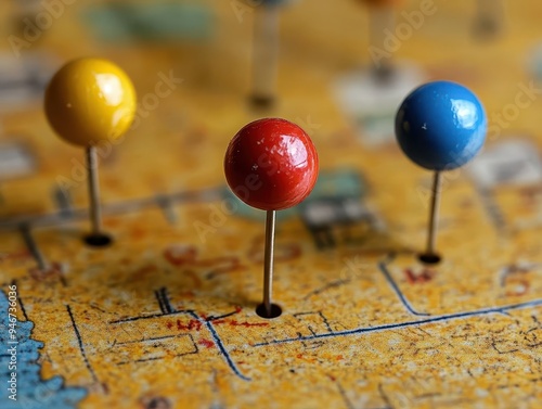 Push pins with round heads on a bulletin board, securing notes