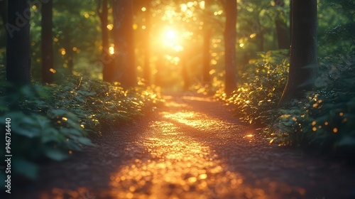 serene forest path bathed in soft filtered sunlight gentle bokeh effect highlights the spiritual atmosphere of a solitary nature walk