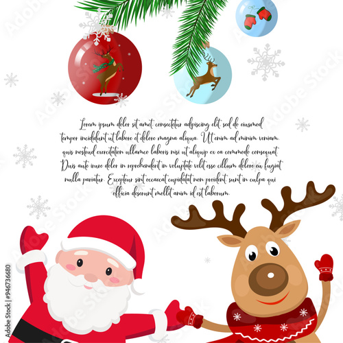 Hand drawn Cute Santa Claus and reindeer holding hands Christmas tree and balls greeting, invitation with new year holidays 