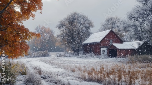 First snow on an autumn farm