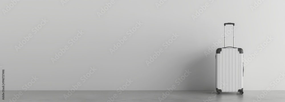 White hard-shell suitcase standing against a plain gray wall. Minimalistic design with copy space. Travel and luggage concept for banner and poster. White hard-shell suitcase standing against a plain gray wall. Minimalistic design with copy space. Travel and luggage concept for banner and poster.