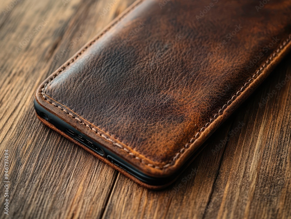 Smartphone with case lying on a wooden desk, with a focus on design and texture