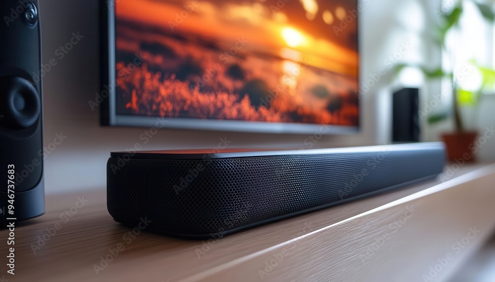 Soundbar with subwoofer set up under a TV, enhancing the audio experience Soundbar with subwoofer set up under a TV, enhancing the audio experience