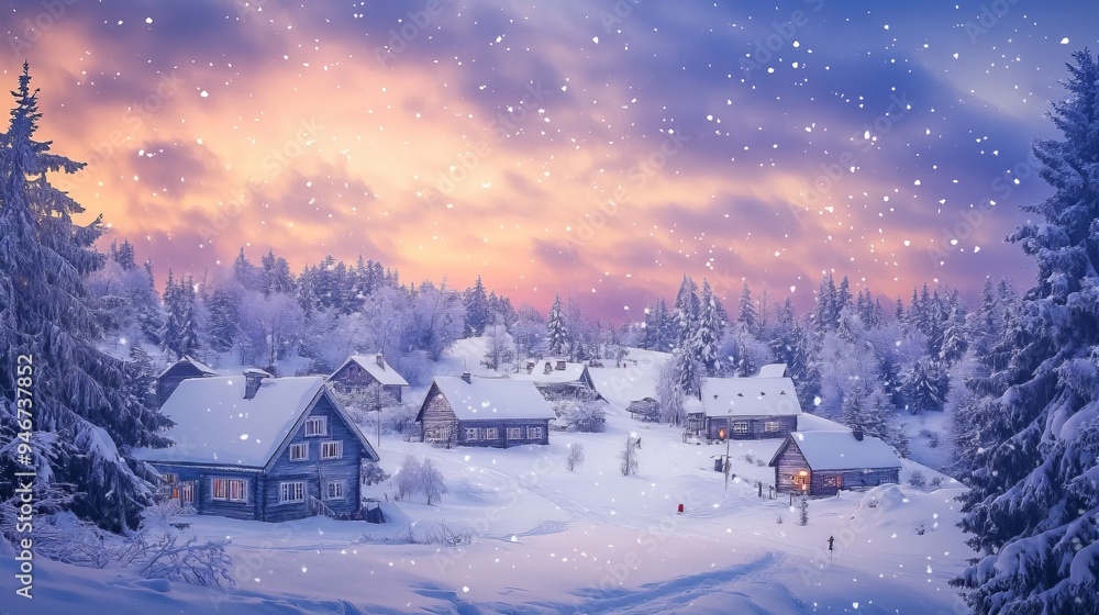 Naklejka premium Beautiful Winter Village Under Heavy Snow with Amazing After Sunset Sky