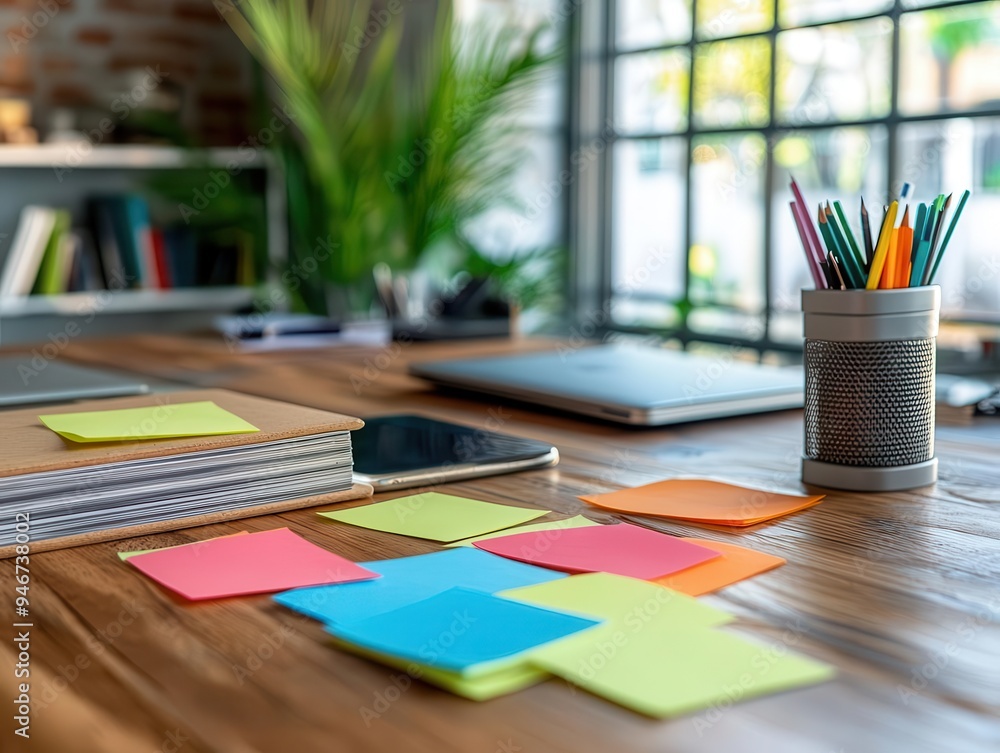 Sticky notes with dispenser on a desk, ready for quick notes Sticky notes with dispenser on a desk, ready for quick notes
