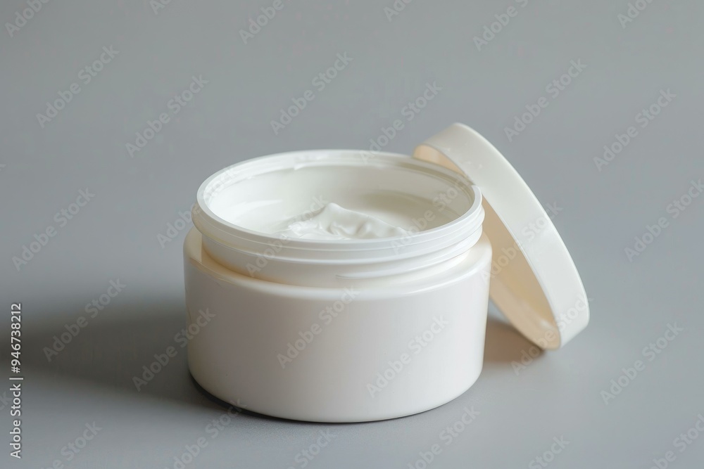 White jar with open lid showing moisturizing face cream for daily skin care routine White jar with open lid showing moisturizing face cream for daily skin care routine