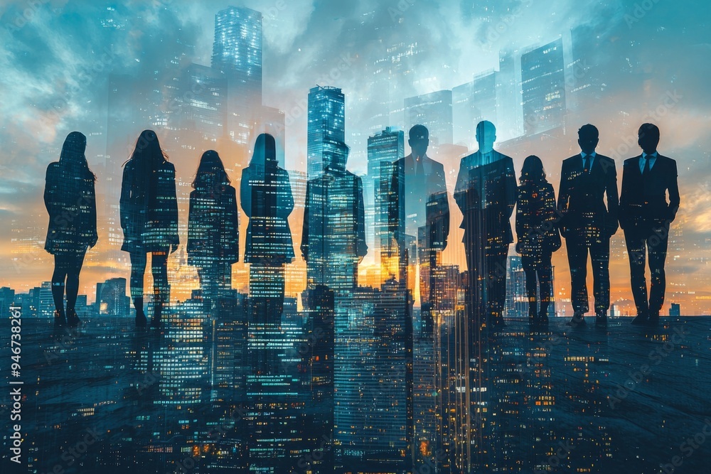 People standing in city skyline double exposure created with Generative AI