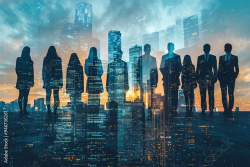 Obraz na płótnie People standing in city skyline double exposure created with Generative AI w salonie