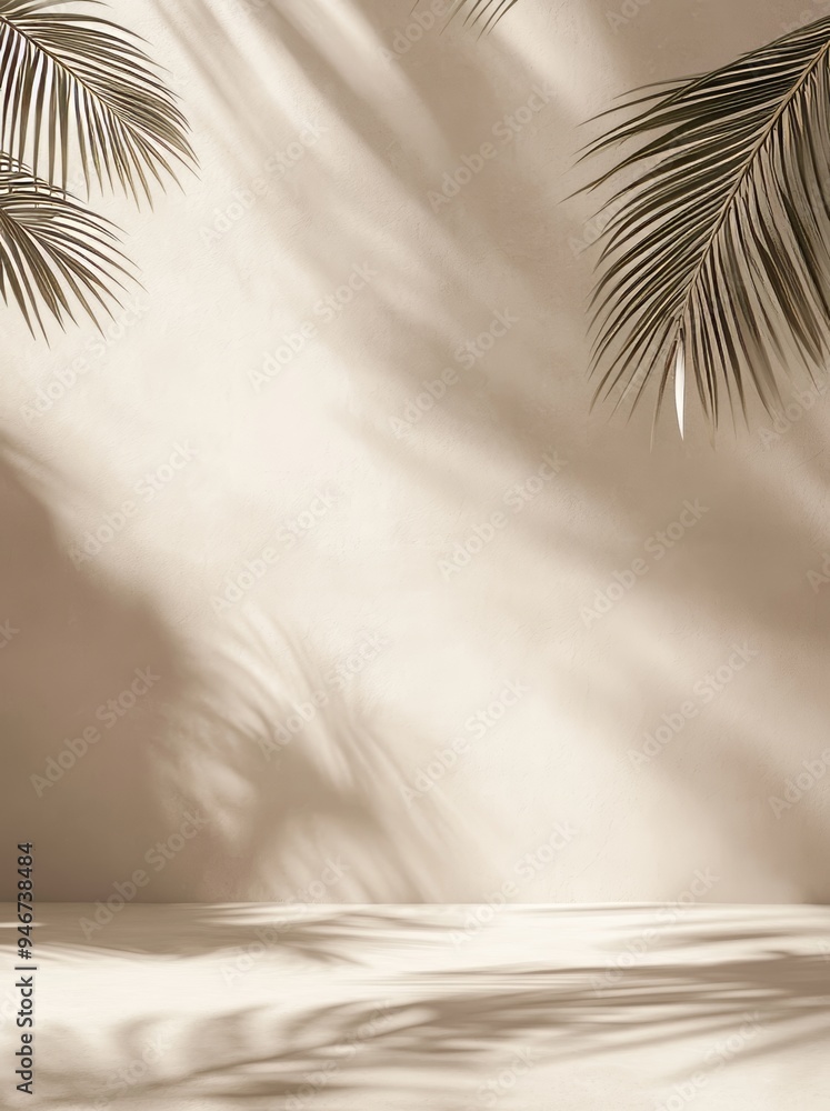 3D empty brown concrete counter tabletop with green palm tree, leaf shadow on stucco texture wall for luxury organic cosmetic, skincare, beauty treatment product display. 3D empty brown concrete counter tabletop with green palm tree, leaf shadow on stucco texture wall for luxury organic cosmetic, skincare, beauty treatment product display.