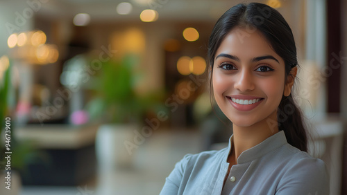 Indian Woman Hotel Receptionist - Smiling woman, professional, confident, business attire, office, workplace, friendly, indoors, portrait, young adult, female, casual