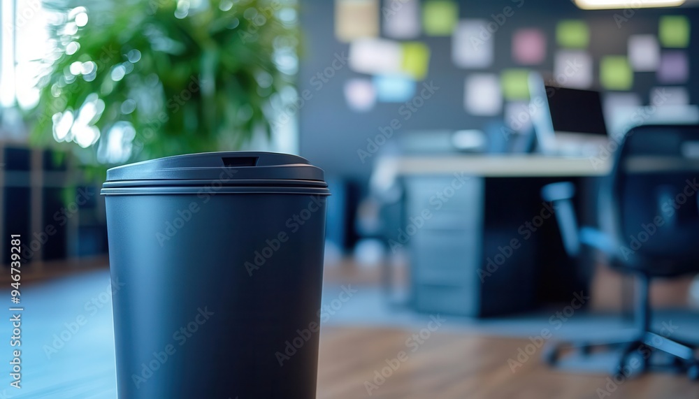 Wastebasket with lid in an office, ready to keep the workspace tidy Wastebasket with lid in an office, ready to keep the workspace tidy