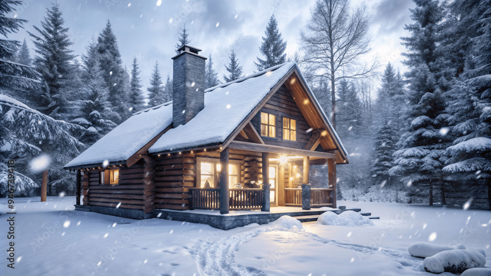 Naklejka premium a ultra realistic detailed cozy cabin in the snowy forest