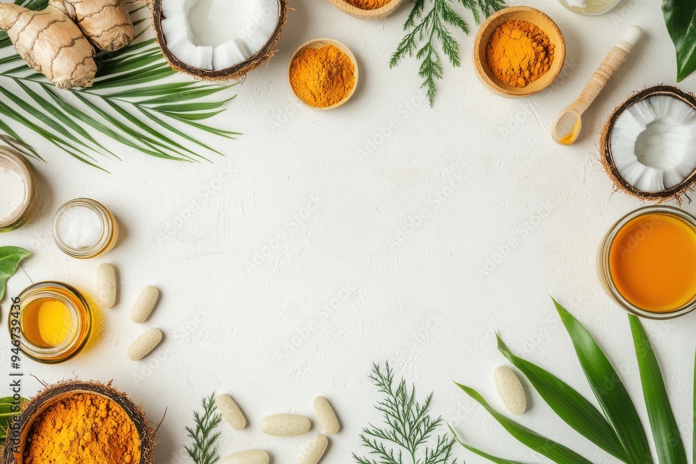Natural ingredients like coconut, turmeric, and oils laid out on a light surface with leaves and capsules Natural ingredients like coconut, turmeric, and oils laid out on a light surface with leaves and capsules