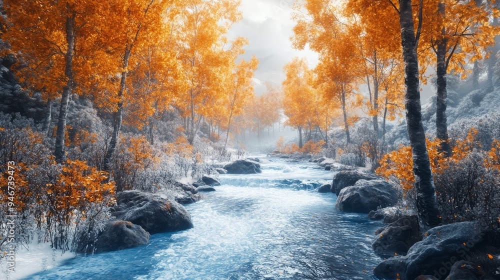 Icy river flowing through a forest of fall colors Icy river flowing through a forest of fall colors