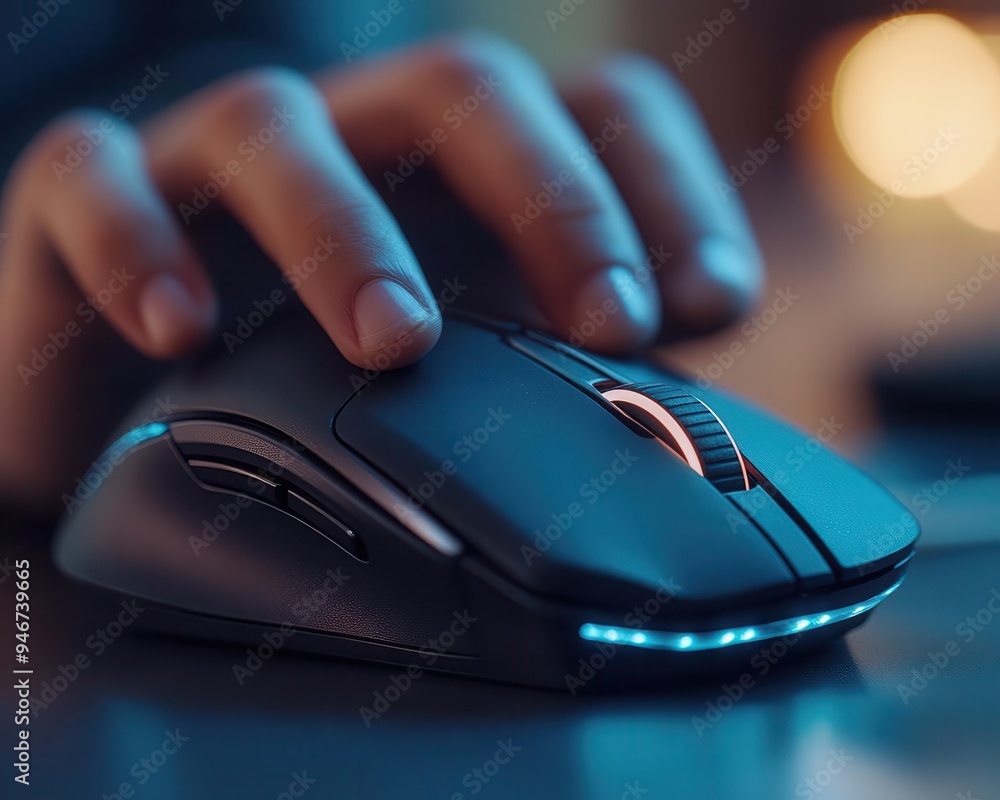 Wireless mouse in use, with a sleek and ergonomic design Wireless mouse in use, with a sleek and ergonomic design