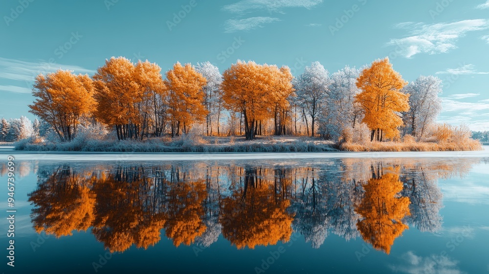 Autumn trees reflected in an icy lake Autumn trees reflected in an icy lake