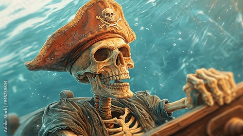 Skeleton Pirate Captain on Shipwreck.