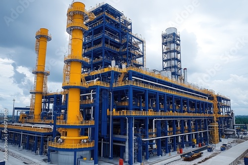 Industrial Facility with Yellow and Blue Steel Structures photo