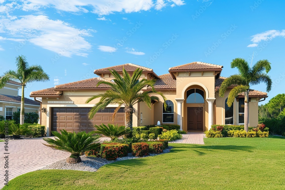 Luxurious Mediterranean-style villa with palm trees and manicured lawn on sunny day Luxurious Mediterranean-style villa with palm trees and manicured lawn on sunny day