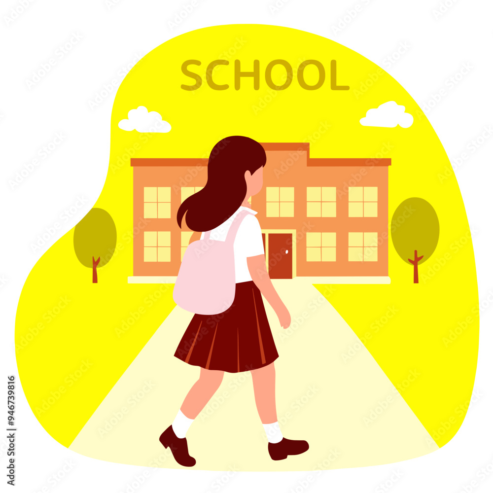 School girl walking with confidence towards school building, vector School girl walking with confidence towards school building, vector