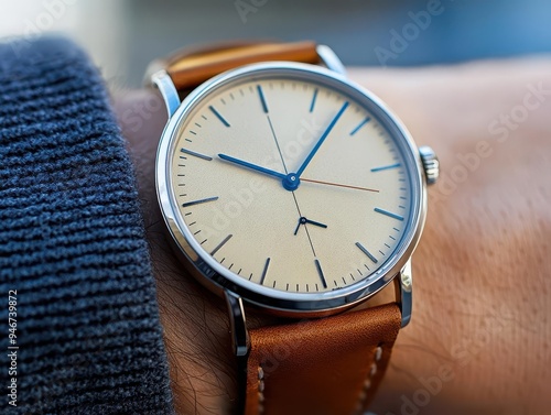 Wallpaper Mural Wristwatch with leather strap on a wrist, displaying the time Torontodigital.ca