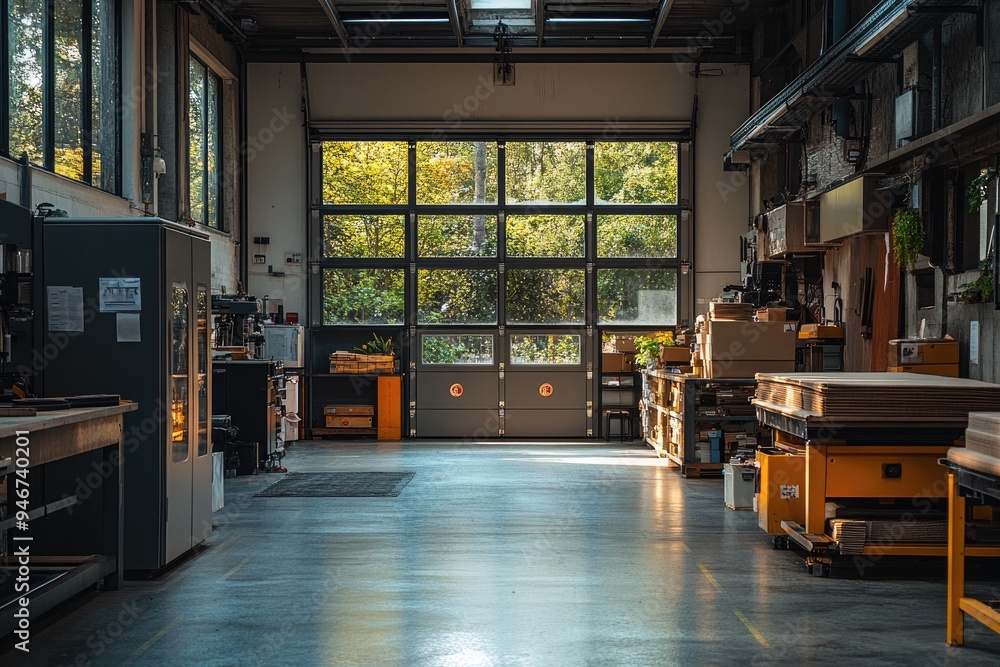 Industrial Warehouse Interior with Large Glass Doors and Storage Shelves Industrial Warehouse Interior with Large Glass Doors and Storage Shelves