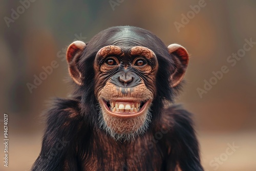 Close-up portrait of smiling chimpanzee showing teeth