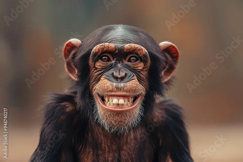 Obraz Close-up portrait of smiling chimpanzee showing teeth