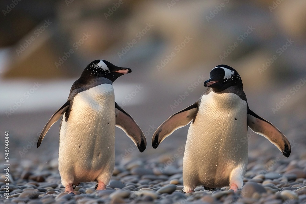 Obraz premium Two Gentoo penguins standing on pebble beach