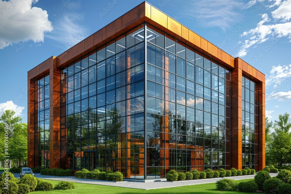 Obraz premium Modern Glass and Copper Office Building with Green Landscaping