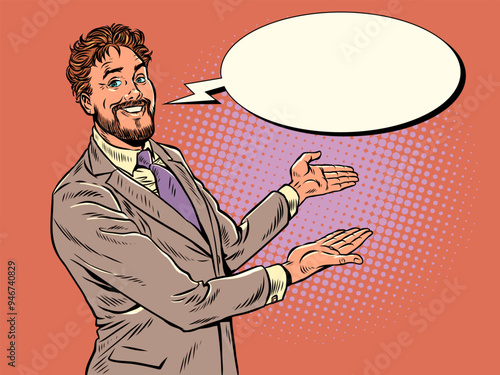 The consultant suggests choosing the best offer on the market. Announcement of new promotions, discounts and news. A man in a suit points to the side and speaks into an empty cloud. Pop Art Retro