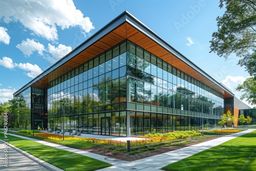 Modern Glass Office Building with Landscaping